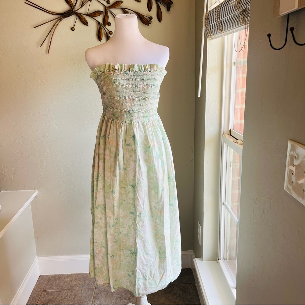 H&M Strapless Smocked Midi Dress in Light Green Watercolor Size L 100%Cotton